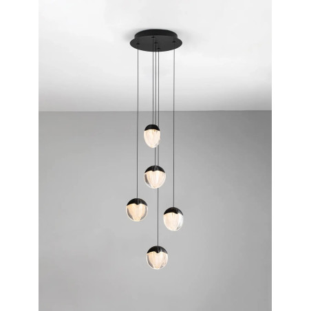 Lampa wisząca szklana 5 punktowa Sofia LED 3000K 33cm szkło cloud / czarny