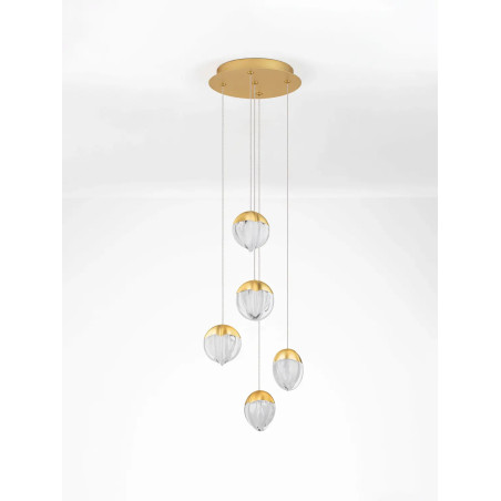 Lampa wisząca szklana 5 punktowa Sofia LED 3000K 33cm szkło cloud / złoty