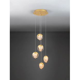 Lampa wisząca szklana 5 punktowa Sofia LED 3000K 33cm szkło cloud / złoty