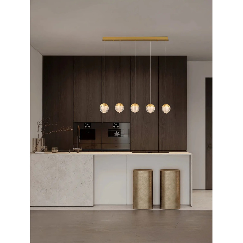 Lampa wisząca szklana 5 punktowa na listwie Sofia LED 3000K 95,8cm szkło cloud / złoty