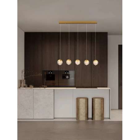 Lampa wisząca szklana 5 punktowa na listwie Sofia LED 3000K 95,8cm szkło cloud / złoty