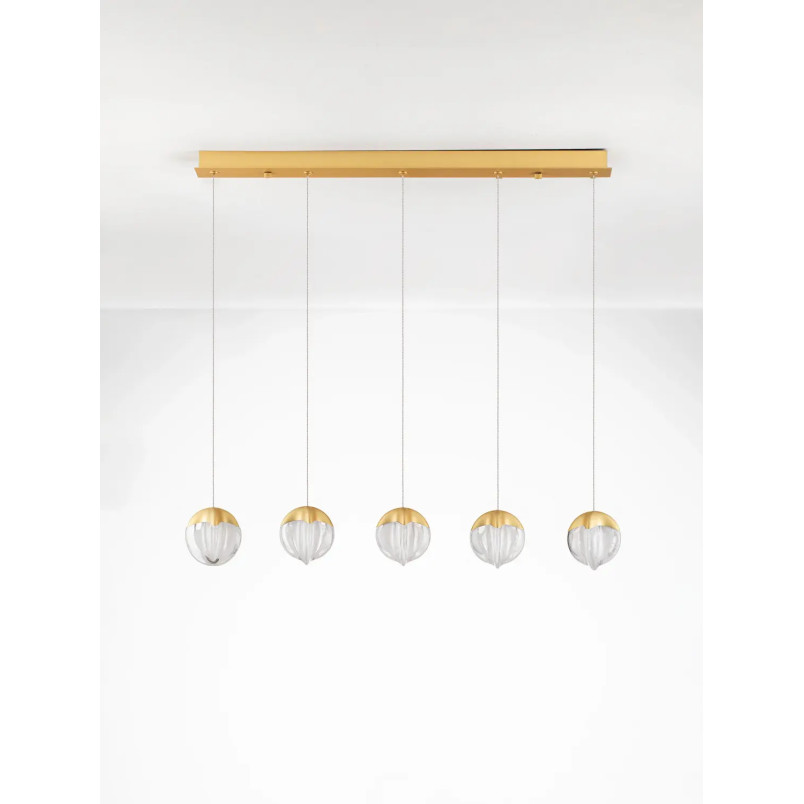 Lampa wisząca szklana 5 punktowa na listwie Sofia LED 3000K 95,8cm szkło cloud / złoty