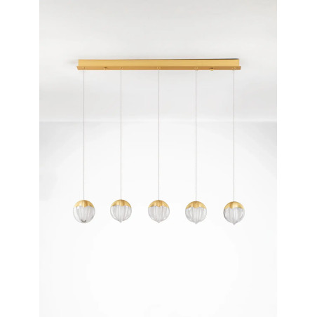Lampa wisząca szklana 5 punktowa na listwie Sofia LED 3000K 95,8cm szkło cloud / złoty