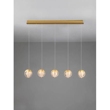 Lampa wisząca szklana 5 punktowa na listwie Sofia LED 3000K 95,8cm szkło cloud / złoty