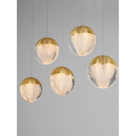Lampa wisząca szklana 5 punktowa na listwie Sofia LED 3000K 95,8cm szkło cloud / złoty
