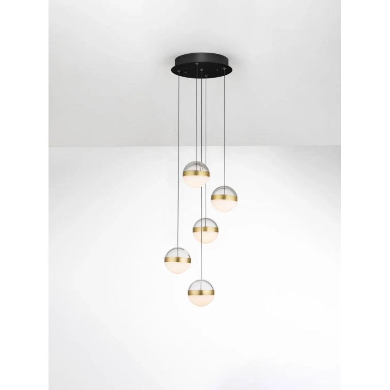 Lampa 5 kul wiszących Zamo 33cm LED 3000K czarny / złoty mosiądz / alabaster / przeźroczysty