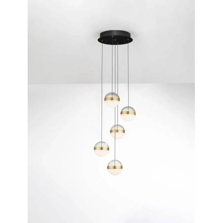 Lampa 5 kul wiszących Zamo 33cm LED 3000K czarny / złoty mosiądz / alabaster / przeźroczysty