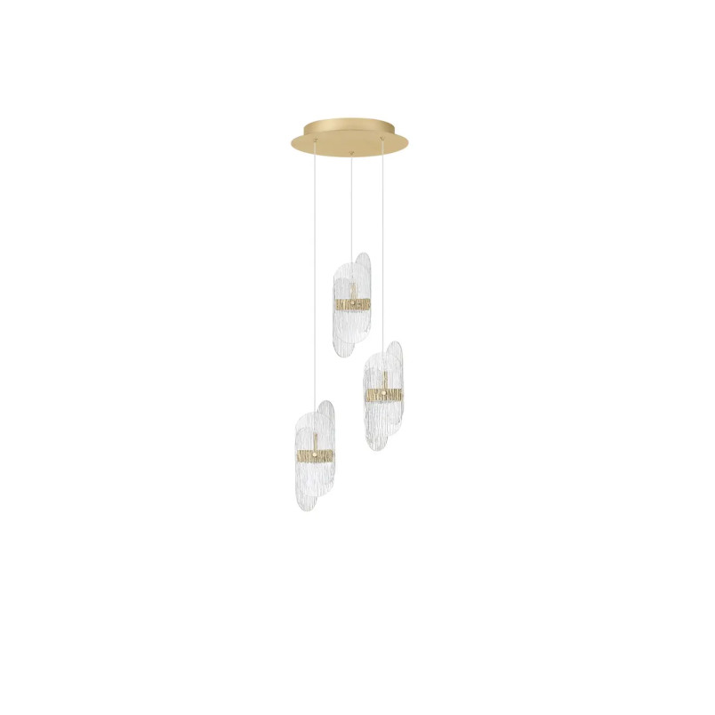 Lampa wisząca 3 punktowa - szkło strukturalne Ferrara 30cm LED 3000K przeźroczysty / złoty mosiądz