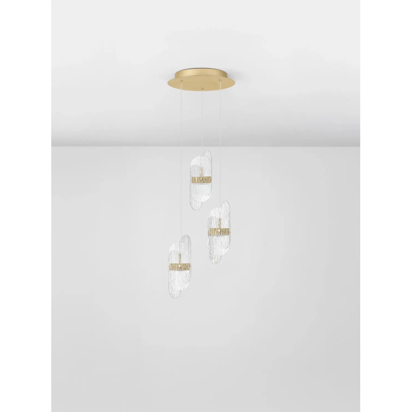 Lampa wisząca 3 punktowa - szkło strukturalne Ferrara 30cm LED 3000K przeźroczysty / złoty mosiądz
