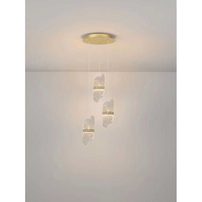 Lampa wisząca 3 punktowa - szkło strukturalne Ferrara 30cm LED 3000K przeźroczysty / złoty mosiądz