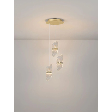 Lampa wisząca 3 punktowa - szkło strukturalne Ferrara 30cm LED 3000K przeźroczysty / złoty mosiądz