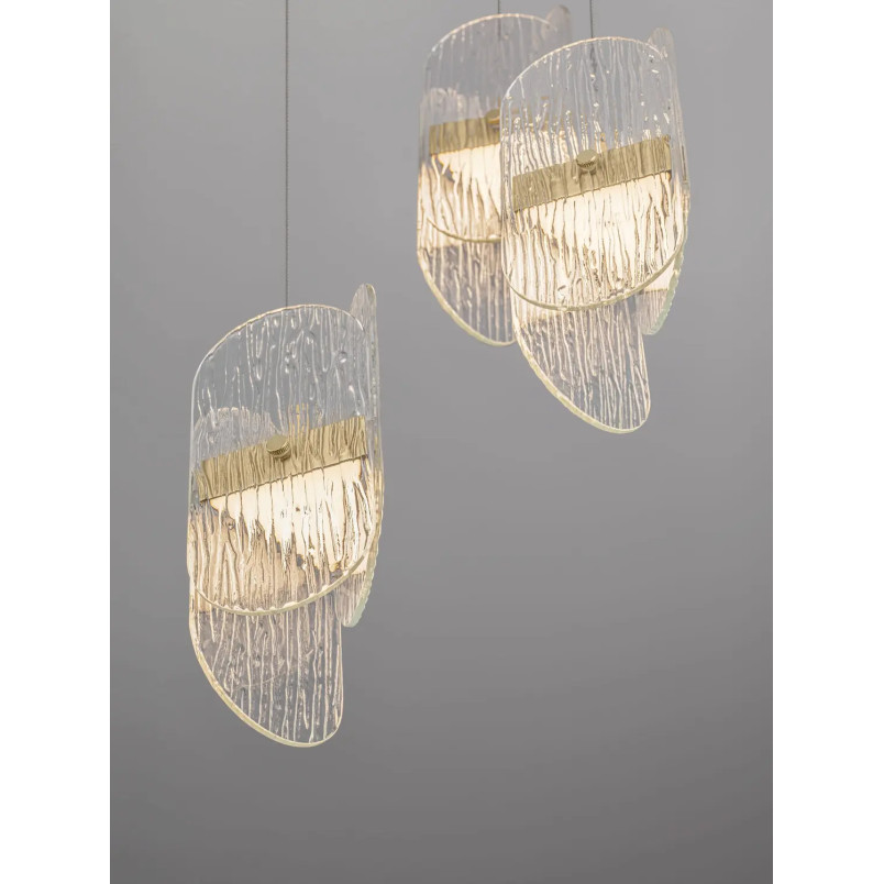 Lampa wisząca 3 punktowa - szkło strukturalne Ferrara 30cm LED 3000K przeźroczysty / złoty mosiądz