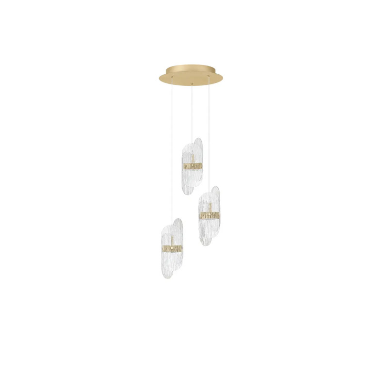 Lampa wisząca 3 punktowa - szkło strukturalne Ferrara 30cm LED 2700K przeźroczysty / złoty mosiądz
