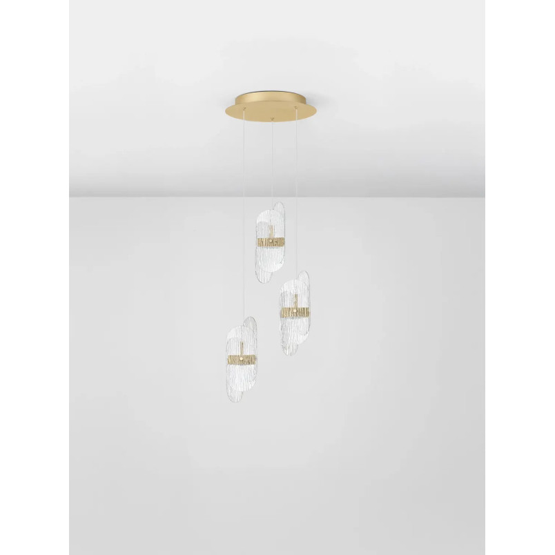 Lampa wisząca 3 punktowa - szkło strukturalne Ferrara 30cm LED 2700K przeźroczysty / złoty mosiądz