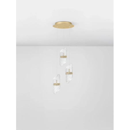 Lampa wisząca 3 punktowa - szkło strukturalne Ferrara 30cm LED 2700K przeźroczysty / złoty mosiądz
