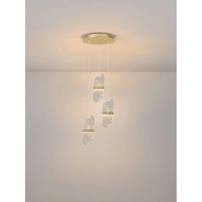 Lampa wisząca 3 punktowa - szkło strukturalne Ferrara 30cm LED 2700K przeźroczysty / złoty mosiądz