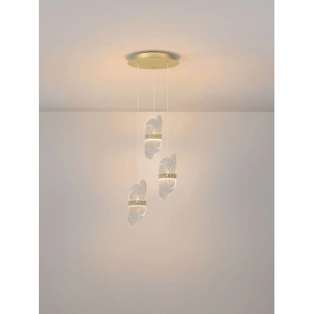 Lampa wisząca 3 punktowa - szkło strukturalne Ferrara 30cm LED 2700K przeźroczysty / złoty mosiądz