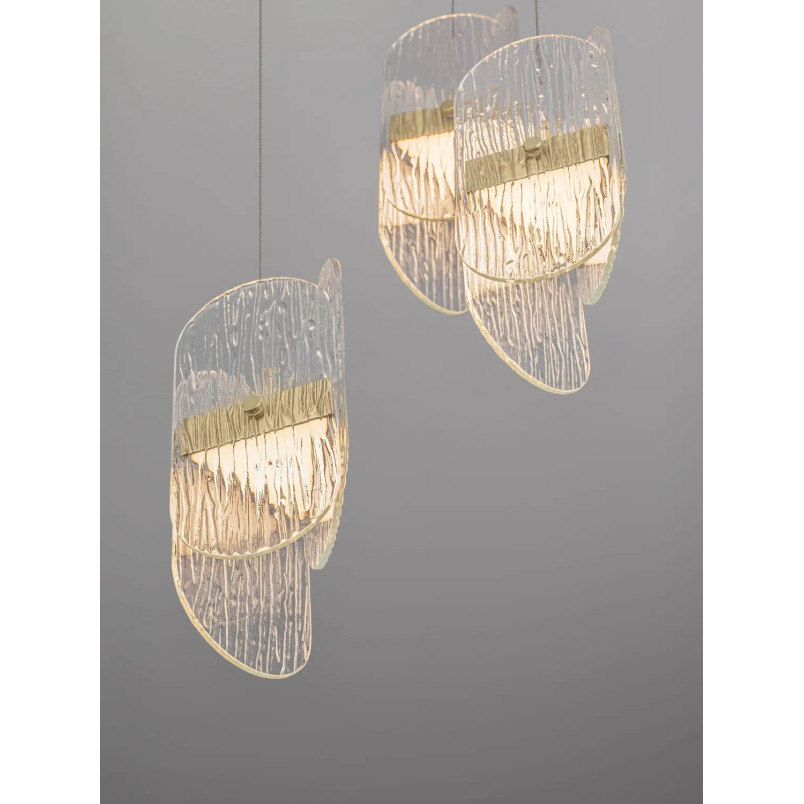Lampa wisząca 3 punktowa - szkło strukturalne Ferrara 30cm LED 2700K przeźroczysty / złoty mosiądz