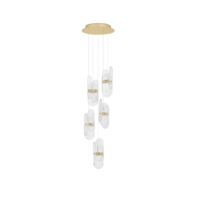 Lampa wisząca 5 punktowa - szkło strukturalne Ferrara 30cm LED 3000K przeźroczysty / złoty mosiądz
