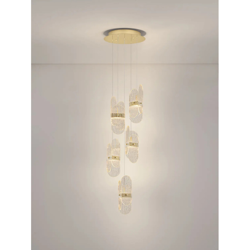 Lampa wisząca 5 punktowa - szkło strukturalne Ferrara 30cm LED 3000K przeźroczysty / złoty mosiądz
