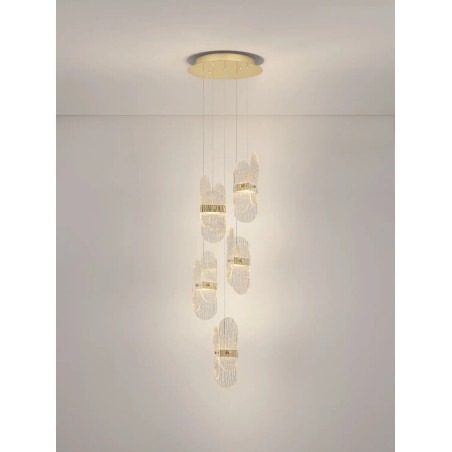 Lampa wisząca 5 punktowa - szkło strukturalne Ferrara 30cm LED 3000K przeźroczysty / złoty mosiądz
