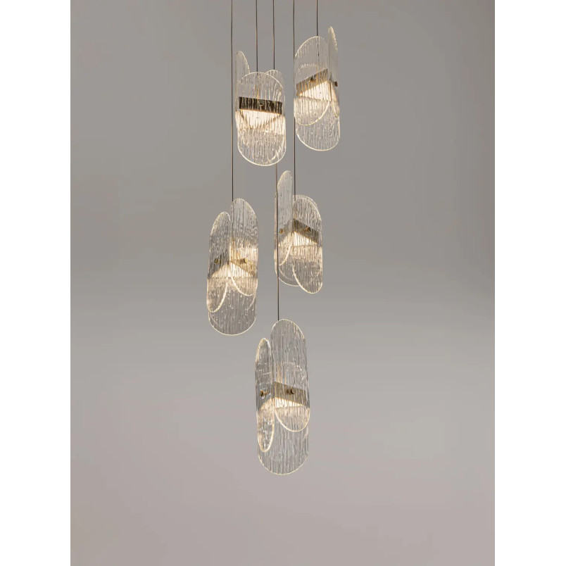Lampa wisząca 5 punktowa - szkło strukturalne Ferrara 30cm LED 3000K przeźroczysty / złoty mosiądz