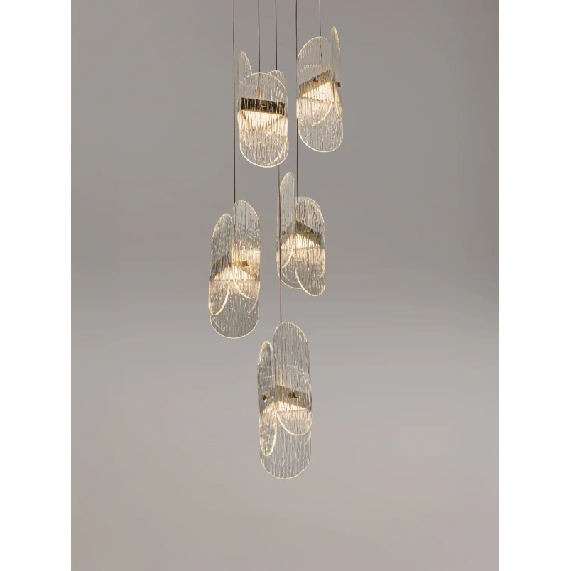 Lampa wisząca 5 punktowa - szkło strukturalne Ferrara 30cm LED 2700K przeźroczysty / złoty mosiądz