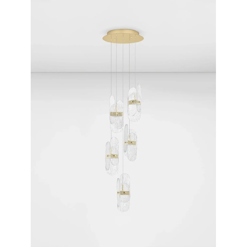 Lampa wisząca 5 punktowa - szkło strukturalne Ferrara 30cm LED 2700K przeźroczysty / złoty mosiądz