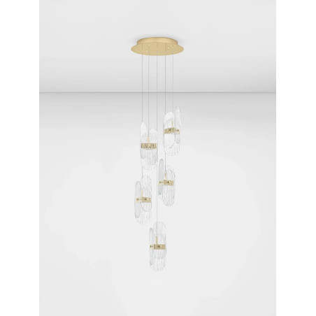 Lampa wisząca 5 punktowa - szkło strukturalne Ferrara 30cm LED 2700K przeźroczysty / złoty mosiądz