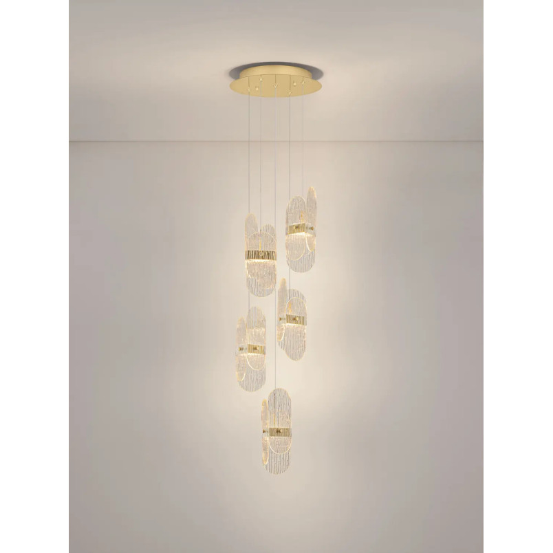 Lampa wisząca 5 punktowa - szkło strukturalne Ferrara 30cm LED 2700K przeźroczysty / złoty mosiądz