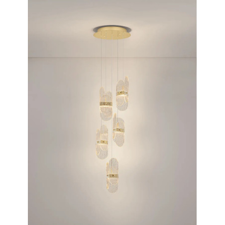 Lampa wisząca 5 punktowa - szkło strukturalne Ferrara 30cm LED 2700K przeźroczysty / złoty mosiądz