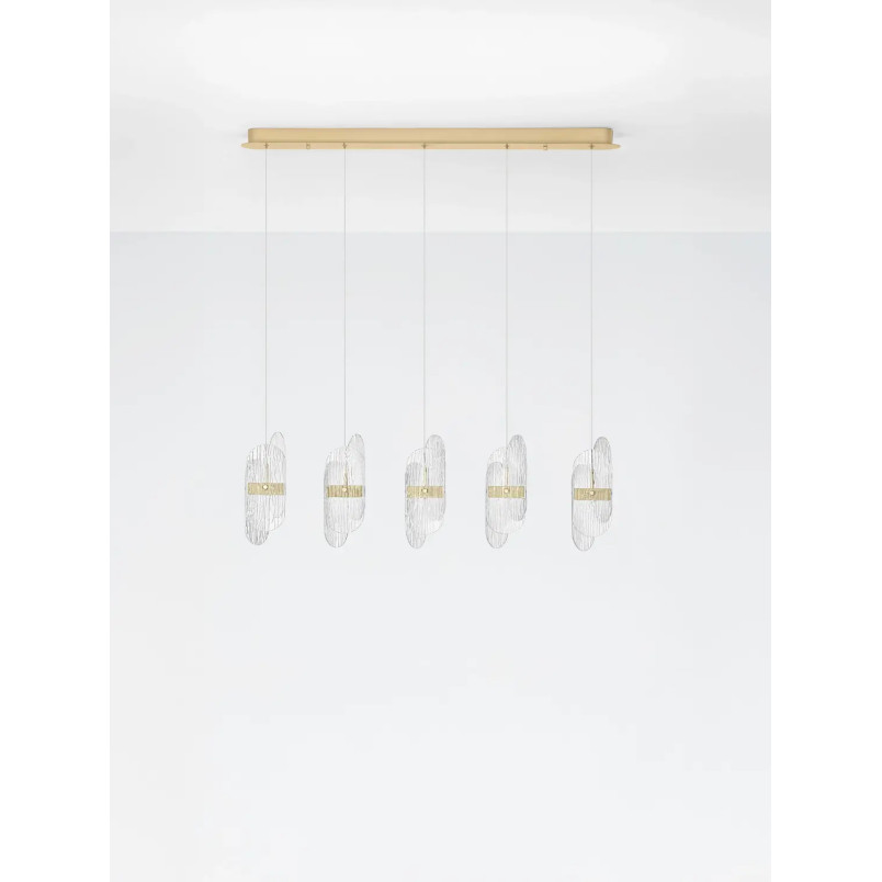Lampa wisząca 5 punktowa na listwie - szkło strukturalne Ferrara 30cm LED 3000K przeźroczysty / złoty mosiądz