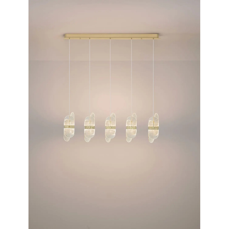 Lampa wisząca 5 punktowa na listwie - szkło strukturalne Ferrara 30cm LED 3000K przeźroczysty / złoty mosiądz
