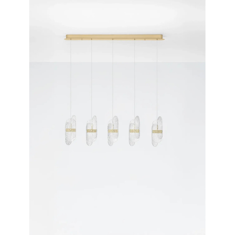 Lampa wisząca 5 punktowa na listwie - szkło strukturalne Ferrara 30cm LED 2700K przeźroczysty / złoty mosiądz