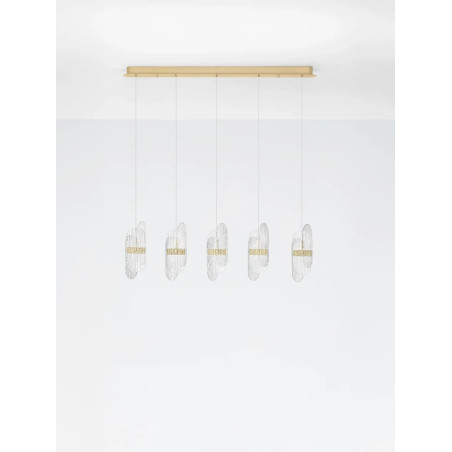 Lampa wisząca 5 punktowa na listwie - szkło strukturalne Ferrara 30cm LED 2700K przeźroczysty / złoty mosiądz