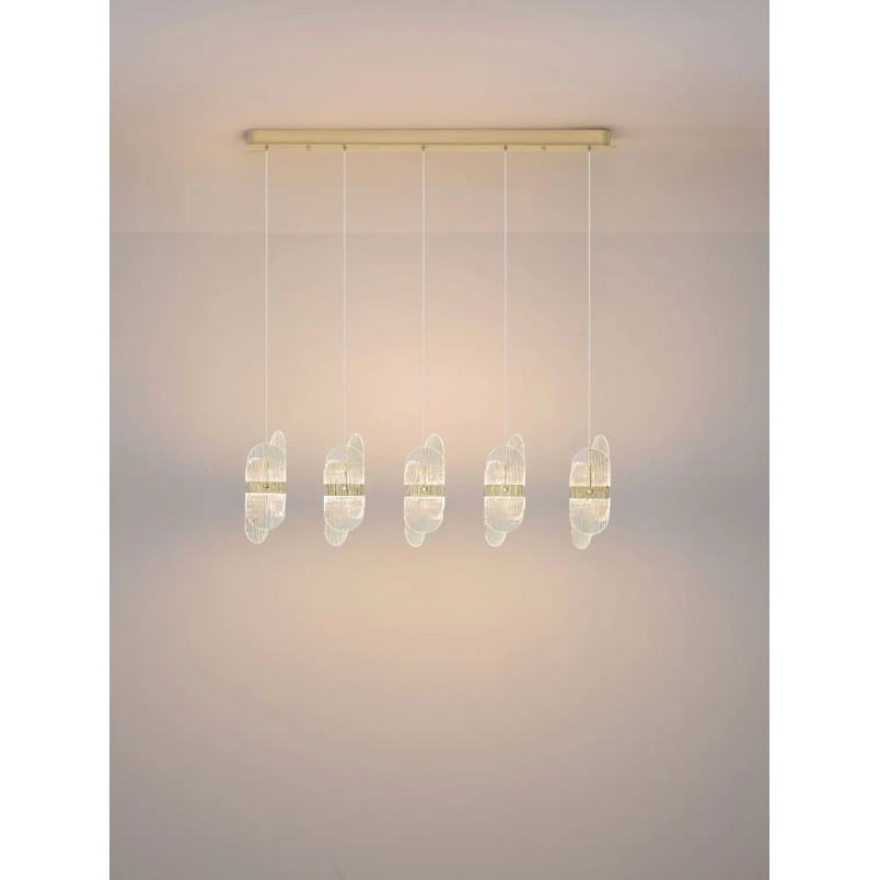 Lampa wisząca 5 punktowa na listwie - szkło strukturalne Ferrara 30cm LED 2700K przeźroczysty / złoty mosiądz
