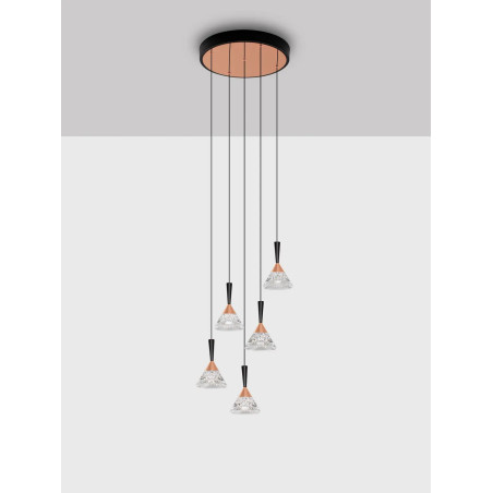 Lampa wisząca 5 punktowa ściemniana Luzza 32cm LED 3000K przeźroczysty / różowe złoto / czarny