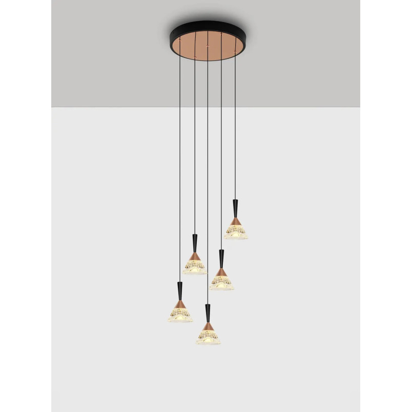 Lampa wisząca 5 punktowa ściemniana Luzza 32cm LED 3000K przeźroczysty / różowe złoto / czarny