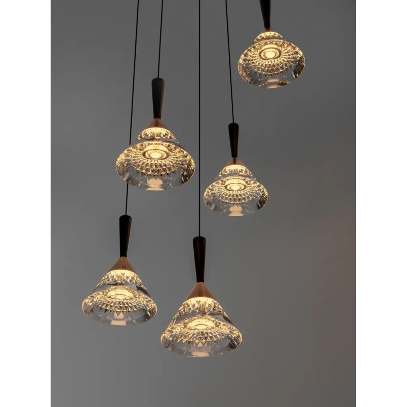 Lampa wisząca 5 punktowa ściemniana Luzza 32cm LED 3000K przeźroczysty / różowe złoto / czarny