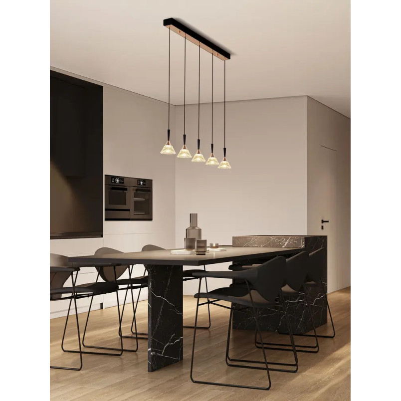 Lampa wisząca 5 punktowa ściemniana na listwie Luzza 90,5cm LED 3000K przeźroczysty / różowe złoto / czarny