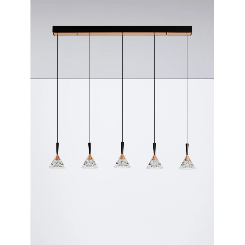 Lampa wisząca 5 punktowa ściemniana na listwie Luzza 90,5cm LED 3000K przeźroczysty / różowe złoto / czarny