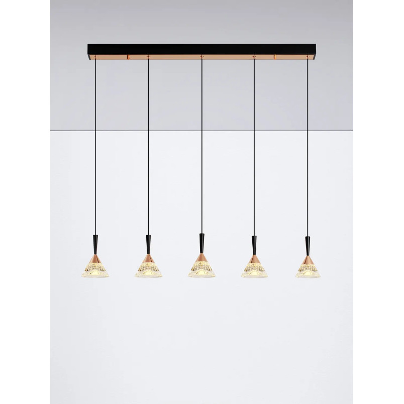 Lampa wisząca 5 punktowa ściemniana na listwie Luzza 90,5cm LED 3000K przeźroczysty / różowe złoto / czarny