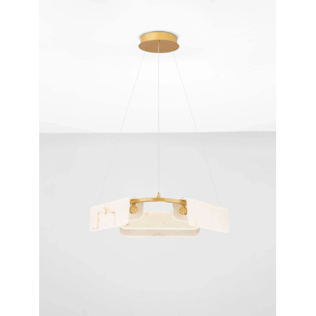 Lampa wisząca okrągła imitująca marmur Deir LED 3000K 63cm złoty mosiądz