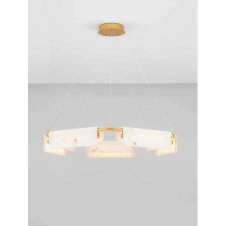 Lampa wisząca okrągła imitująca marmur Deir LED 3000K 93cm złoty mosiądz