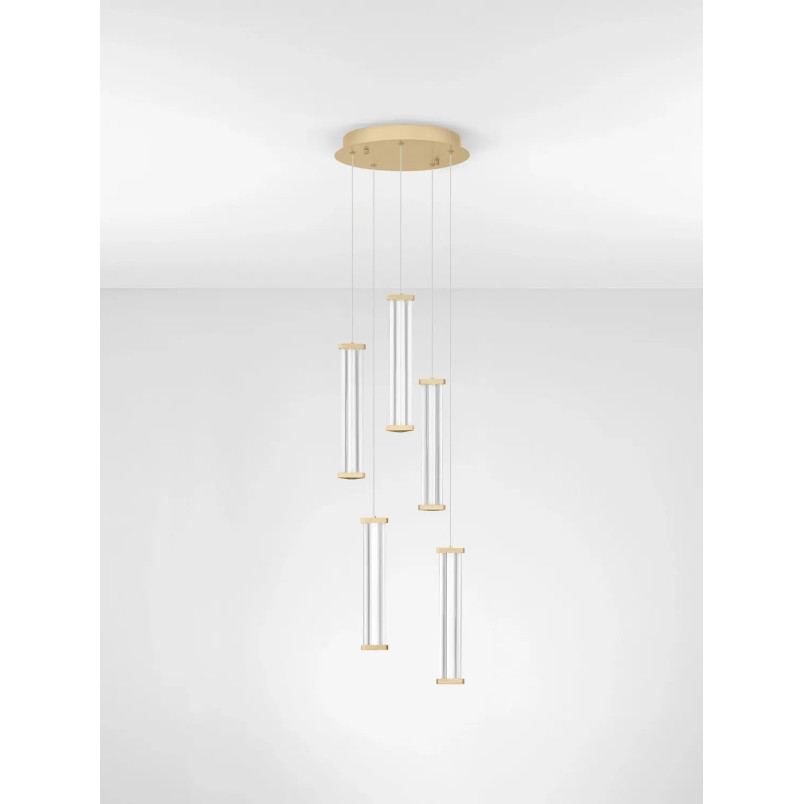 Lampa wisząca modern 5 punktowa Modena LED 2700K 32cm przeźroczysty akryl / szczotkowane złoto