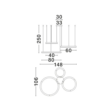 Lampa wisząca 3 ringi - ściemniacz triac Giotto 40/60/80cm LED 3000K szczotkowane złoto