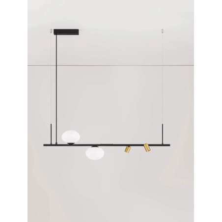Lampa wisząca podłużna ze szklanymi kulami i reflektorkami Ginos 95cm czarny / opal / mosiądz