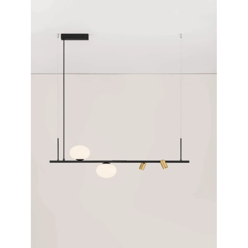 Lampa wisząca podłużna ze szklanymi kulami i reflektorkami Ginos 95cm czarny / opal / mosiądz