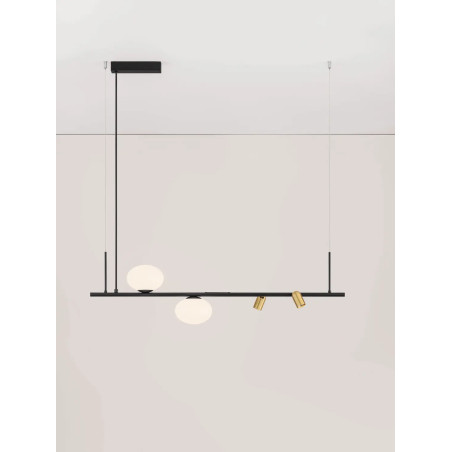 Lampa wisząca podłużna ze szklanymi kulami i reflektorkami Ginos 95cm czarny / opal / mosiądz