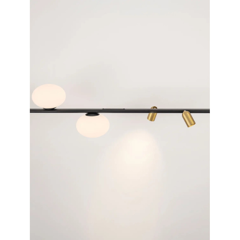 Lampa wisząca podłużna ze szklanymi kulami i reflektorkami Ginos 95cm czarny / opal / mosiądz